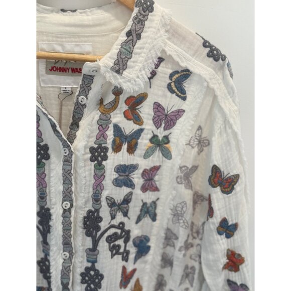 Johnny Was Women’s Boho Butterfly Embroidered Shirt Long Sleeve L White Cotton - Picture 7 of 11
